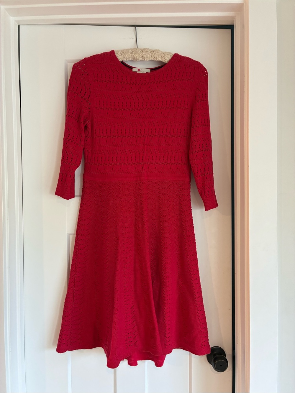 Boden Red Crochet Knit Fit & Flare Dress Size 8P knee length 3/4 sleeve cotton